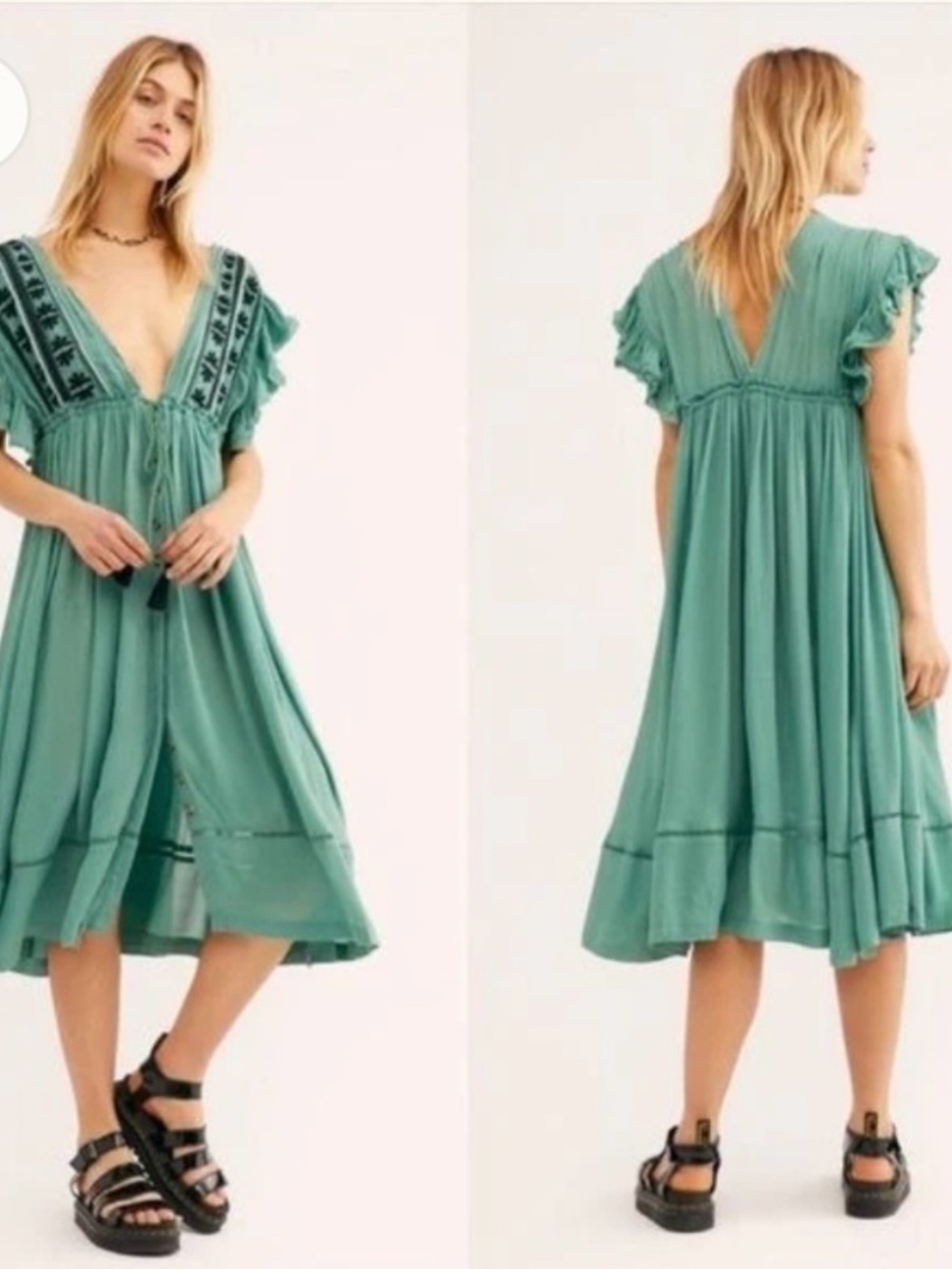 FREE PEOPLE Will Wait For You Midi Dress Beach Comber Green Color Size XS